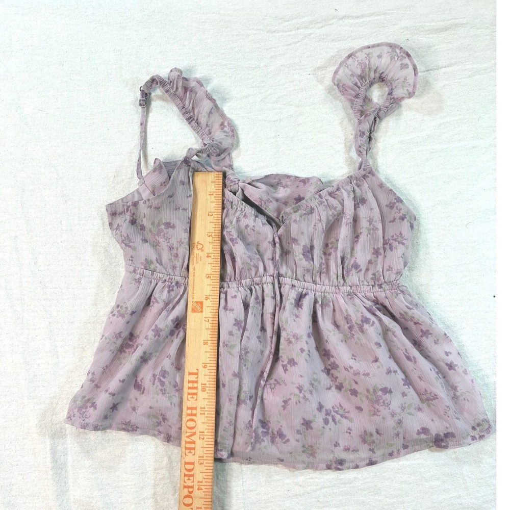 Hollister Womens Floral Babydoll Cami Top Size S Purple Ruffle Strap Chiffon H21 - Picture 4 of 16